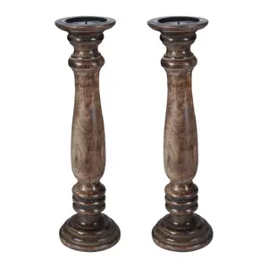 SET OF 2 Rustic Antique Carved Wooden Pillar Church Candle Holder, Light Brown,Large 31cm