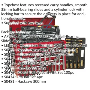 Comprehensive 230 Piece Tool Kit with 5 Drawer Topchest - Locking Red Design