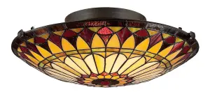 Elstead West End 2 Light Flush Ceiling Light Vintage Bronze, Tiffany Glass, E27