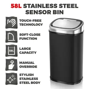 Steel Motion Sensor Rubbish Bin - 58L Black