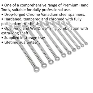 10-Piece Extra Long Combination Spanner Set - Metric Sizes 10mm to 19mm