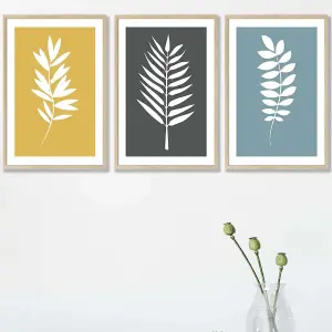 Set of 3 Framed Yellow, Grey, Blue Graphical Leaves Wall Art Prints / 42x59cm (A2) / Oak Frame