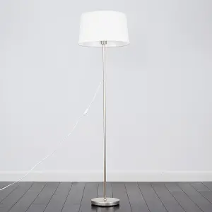 ValueLights Modern Standard Floor Lamp In Brushed Chrome Metal Finish With White Faux Linen Tapered Shade