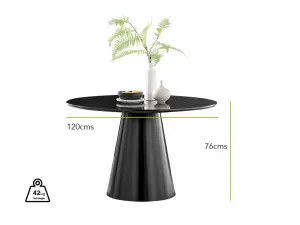 Furniturebox UK Palma Black Semi-Gloss Round Pedestal Dining Table & 4 Dark Grey Fabric Halley Black Leg Chairs