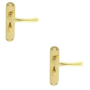 2 PACK - Rounded Smooth Bathroom Latch Door Handle - Polished Brass Lever on Backplate