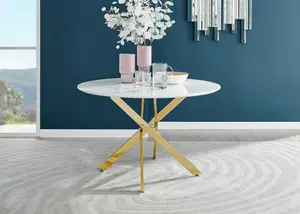 Furniturebox UK Novara White Gloss Gold Leg 120cm Round Dining Table & 4 Navy Velvet Milan Black Leg Chairs