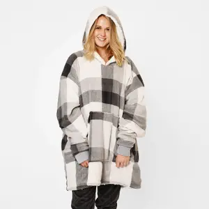 Dreamscene Check Hoodie Blanket Giant Wearable Sherpa Oversized Sweatshirt, Grey