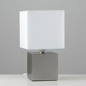 ValueLights Cubbie Pair of Grey Modern Cube Touch Dimmer Bedside Table Lamps with White Shades