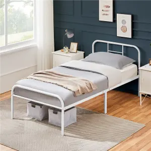 Yaheetech White 3ft Single Metal Bed Frame with High Headboard Strong Iron Platform Bed for Bedroom