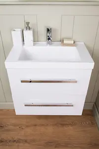 Rinse Bathrooms Gloss White Modern Bathroom Wall Hung Vanity Basin Sink Unit Storage Cabinet 2 Soft Close Drawer