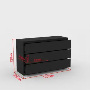 Home Source Lugano Black 6 Drawer Wide Chest of Drawers High Gloss Drawer Fronts