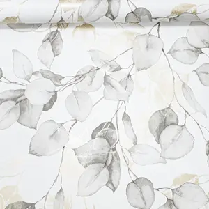 Grey Natural Floral Wallpaper White Gold Metallic Grey Eucalyptus Leaves Smooth