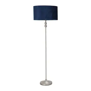 ValueLights Maggie Brushed Chrome Silver Candlestick Floor Lamp with Navy Blue Velvet Lamp Shade