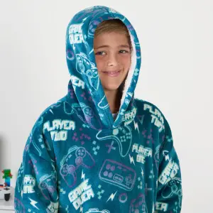 Gaming Hoodie Blanket Sherpa Fleece Throw Sweatshirt Oversized Warm, Teal