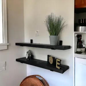 Black Handcrafted Rustic Wall-Mounted Floating Shelves with Black L Brackets, Kitchen Living Room (Set of 2, 80 cm Long)