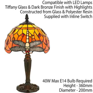 Tiffany Glass Table Lamp Light Dark Bronze Base & Orange Dragonfly Shade i00195