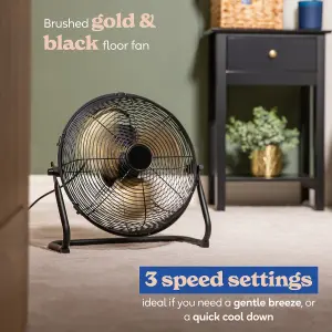 Russell Hobbs Floor & Ground Fan 12 Inch High Velocity Brushed Black and Gold 3 Speed RHGF1221BG