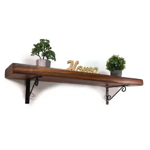 Wooden Rustic Shelf with Bracket WOP Black 220mm 9 inches Walnut Length of 50cm