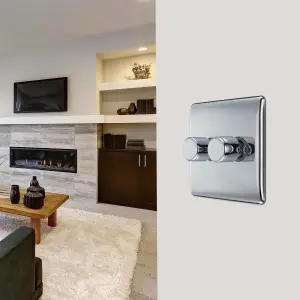 BG Raised slim Silver Chrome effect 2 gang profile Double 200W Dimmer switch