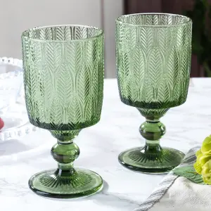 Set of 8 Vintage Luxury Green Trailing Leaf Drinking Goblet Glasses 350ml