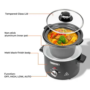 Geepas 2.5 Litre Slow Cooker 3 Temperature Settings, Removable Easy-Clean Ceramic Bowl Tempered Glass Lid & Cool Touch Handles