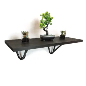 Solid Pine Rustical Shelf Black Ash Black Hairpin Bracket Style 25x90cm