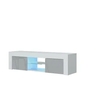 Loom TV Unit 130cm White & Grey with High Gloss Doors and LED Lighting - Creative Furniture