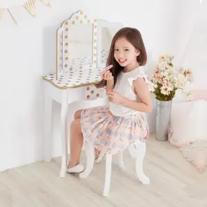 Teamson Kids Dressing Table, Play Vanity Set with Mirror & Stool - White/Gold/Polka Dots