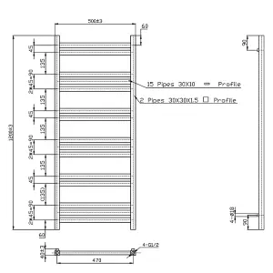 Rinse Straight Heated Towel Rail Radiator Ladder for Bathroom Kitchen Central Heating Square Towel Warmer Chrome 1200x500mm