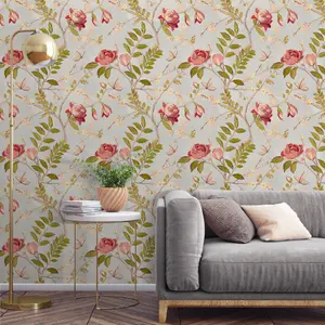 Grandeco Lola Painted Floral Trail Smooth Wallpaper, Grey Red