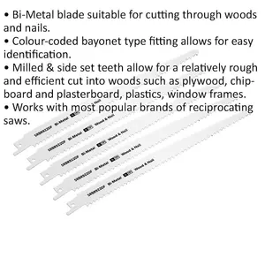 Premium 5 Pack 230mm Bi-Metal Reciprocating Saw Blades for Wood and Nails