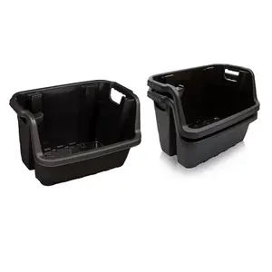 Set of 3 Open Fronted Black Plastic Crates Heavy Duty Stackable Storage Boxes