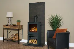 Acantha Lunar XL Electric Stove in Charcoal Grey with Short Angled Pipe in Black