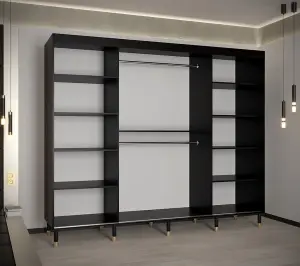 Bergen Contemporary 3 Sliding Door Wardrobe Gold Handles Marble Effect 9 Shelves 2 Rails Black (H)2080mm (W)2500mm (D)620mm