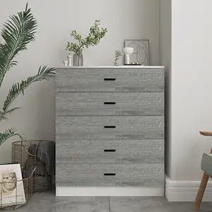 URBNLIVING Height 90.5cm 5 Drawer Wooden Bedroom Chest Cabinet Modern White Carcass and Ash Grey Drawers Wide Storage Cupboard