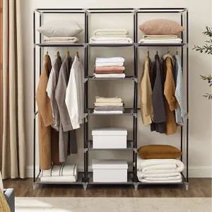 AMOS Fabric Canvas Wardrobe Clothes Organiser Storage Shelves with Zipped Doors Grey