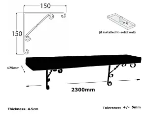 Solid Wood Handmade Rustical Shelf Primed 175mm 7 inch with Black Metal Bracket WO Length of 230cm