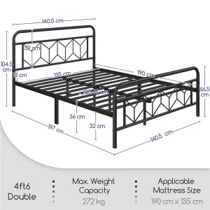 Yaheetech Black 4ft6 Double Metal Bed Frame with Diamond Pattern Headboard and Footboard