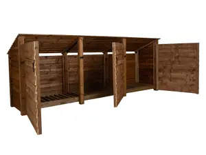 Wooden log store (roof sloping back) with door W-335cm, H-126cm, D-88cm - brown finish