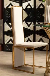 Interiors by Premier Luxurious Modern Dining Chair, Stainless Steel Gold Finished Frame Accent Chair. Natural Fabric Dining Chair