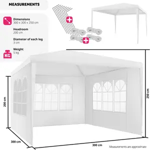 Gazebo Baraban - 3 x 3 m, with 3 side panels, weather & UV-resistant, guy ropes incl. - white