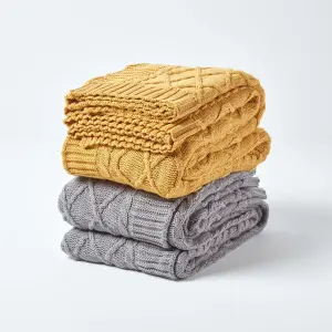 Homescapes Mustard Diamond Cable Knit Cotton Throw, 150 x 200 cm