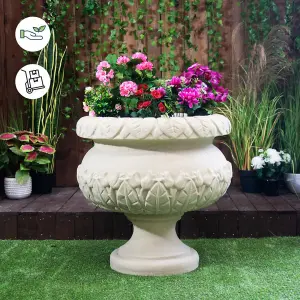 Round Sandstone Urn Vase with Leaf Design