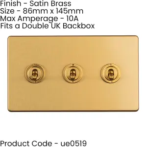 3 Gang Triple Retro Toggle Light Switch SCREWLESS SATIN BRASS 10A 2 Way Lever