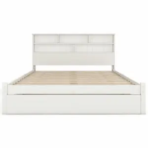 Solid Wood Double Bed with Shelves Headboard and Underbed Drawer 4FT6 White (135 x 190 cm)