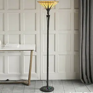 1.7m Tiffany Uplight Floor Lamp Black & Multi Colour Stained Glass Shade i00010