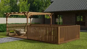 Rectangular pergola and decking kit with balustrade V.12, 2.4m x 4.2m, Rustic brown finish