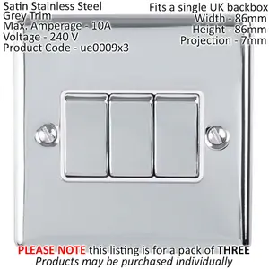 3 PACK 3 Gang Triple Metal Light Switch SATIN STEEL 2 Way 10A Grey Trim