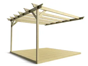 Wall mounted pergola and decking complete diy kit, Ovolo design (3.6m x 3.6m, Light green (natural) finish)