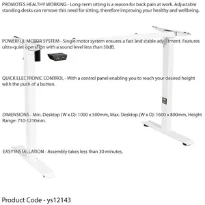 Electric Height Adjustable Standing Desk Frame - White Ergonomic Workspace Solution